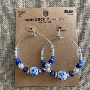 Iron Orchid Studio Blue and White Beaded Hoop Earrings